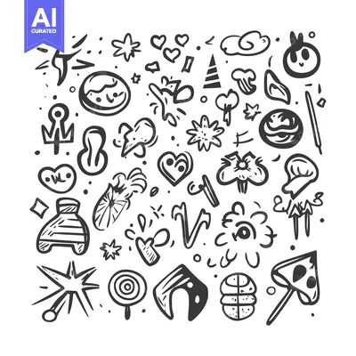 Aset desain premium: A Collection of Hand-Drawn Black and White Doodle Icons