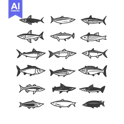 Aset desain premium: A Collection of Hand-Drawn Black and White Fish Illustrations