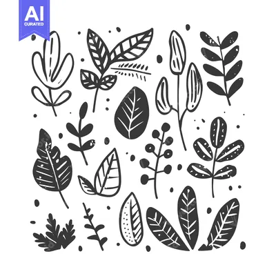 Aset desain premium: A Collection of Hand-Drawn Black and White Floral Elements
