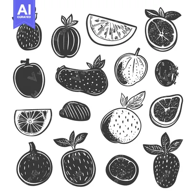 Popular premium asset: A Collection of Hand-Drawn Black and White Fruits and Citrus