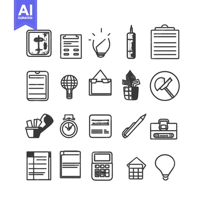 Aset premium populer: A Collection of Hand-Drawn Black and White Icons Representing Various