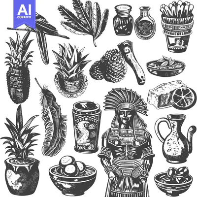 Aset desain premium: A Collection of Hand-Drawn Black and White Illustrations Depicting Ele
