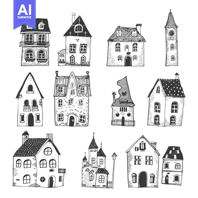 Aset premium populer: A Collection of Hand-Drawn Black and White Illustrations of Various Ho