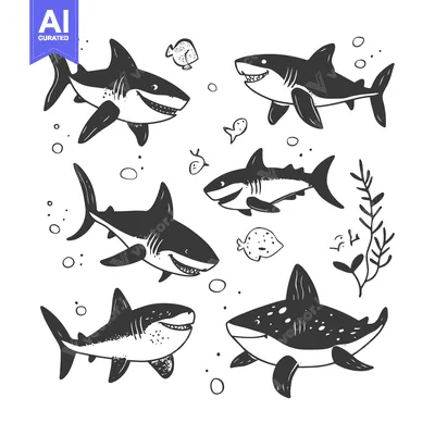 Premium design asset: A Collection of Hand-Drawn Black and White Sharks