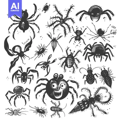Aset desain premium: A Collection of Hand-Drawn, Black-and-White Spiders and Other Insects
