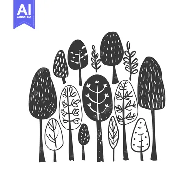 Aset desain premium: A Collection of Hand-Drawn Black and White Trees