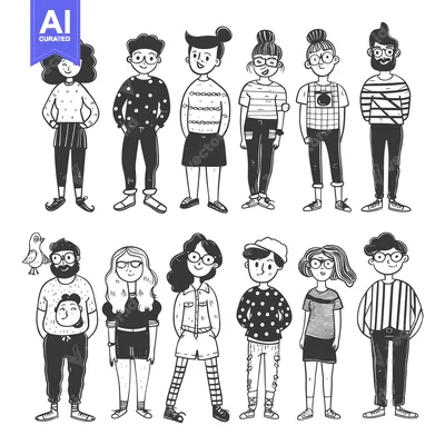 Premium design asset: A Collection of Hand-Drawn Cartoon Characters in Various Outfits and P