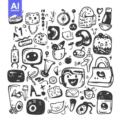 Aset premium populer: A Collection of Hand-Drawn Cartoon Illustrations with Various Quirky C
