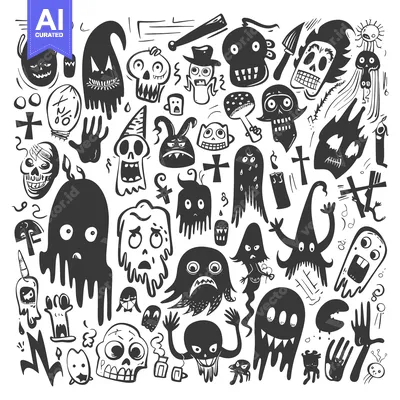 Aset premium populer: A Collection of Hand-Drawn Cartoon Monsters and Skulls