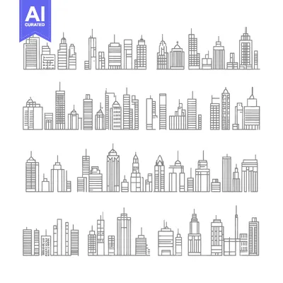 Aset desain premium: A Collection of Hand-Drawn City Skyline Illustrations