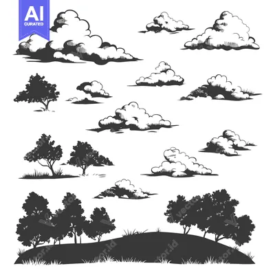 Aset premium populer: A Collection of Hand-Drawn Clouds and Trees Silhouettes