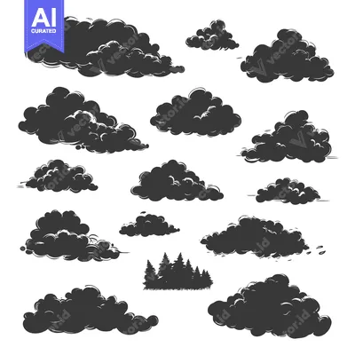 Aset desain premium: A Collection of Hand-Drawn Cloud Silhouettes with Trees