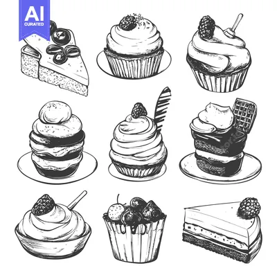 A Collection of Hand-Drawn Cupcakes, Cakes, and Pastries