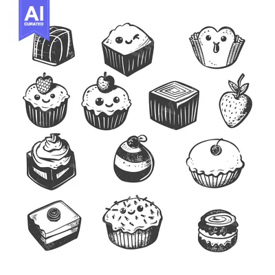 Popular premium asset: A Collection of Hand-Drawn Cupcakes, Cakes, and Sweets with Cartoon Fa