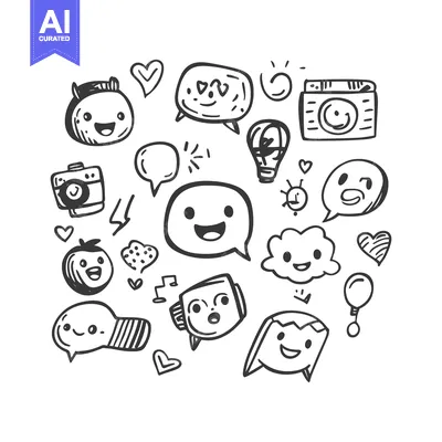 Aset desain premium: A Collection of Hand-Drawn Cute Characters and Objects