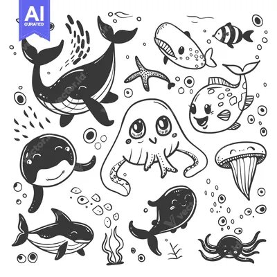 Aset premium populer: A Collection of Hand-Drawn Cute Sea Creatures
