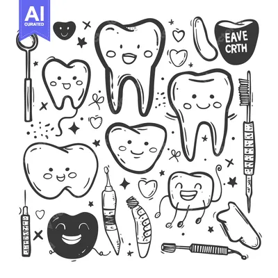 Aset desain premium: A Collection of Hand-Drawn Doodle Illustrations Featuring Smiling Teet
