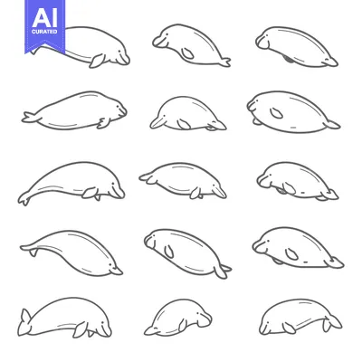 Aset premium populer: A Collection of Hand-Drawn Dugong Illustrations in Various Poses