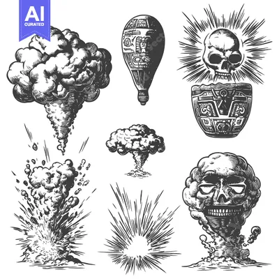 Aset desain premium: A Collection of Hand-Drawn Explosions and Skulls in a Vintage Style
