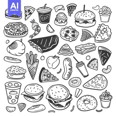 Aset premium populer: A Collection of Hand-Drawn Fast Food and Snacks Illustrations