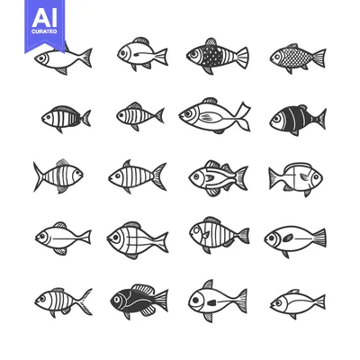 Aset premium populer: A Collection of Hand-Drawn Fish Illustrations in Black and White