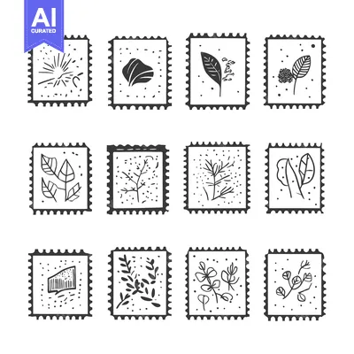 Aset premium populer: A Collection of Hand-Drawn Floral Illustrations on Postage Stamps