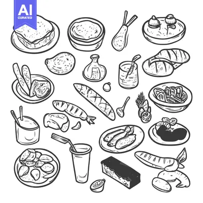 Aset premium populer: A Collection of Hand-Drawn Food Illustrations in Black and White