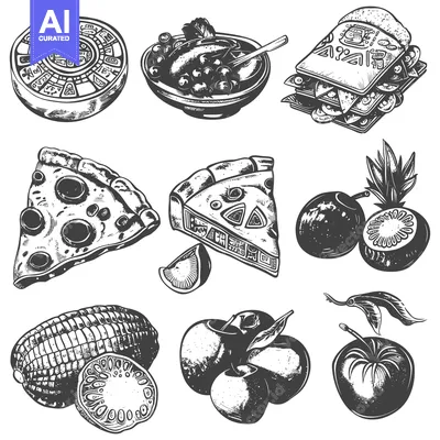 Premium design asset: A Collection of Hand-Drawn Food Items in Black and White