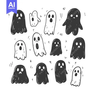 Premium design asset: A Collection of Hand-Drawn Ghost Illustrations in Black and White