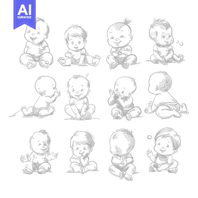 Aset desain premium: A collection of hand-drawn illustrations depicting cute babies in vari