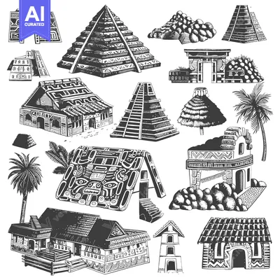 A collection of hand-drawn illustrations depicting various Mayan struc