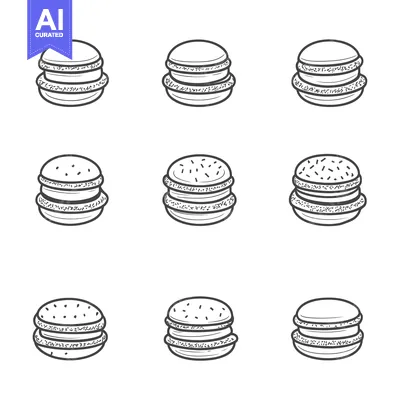Aset premium populer: A collection of hand-drawn macarons with different toppings