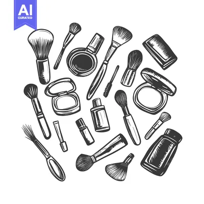 Aset premium populer: A Collection of Hand-Drawn Makeup Brushes, Powder Compacts, and Bottle