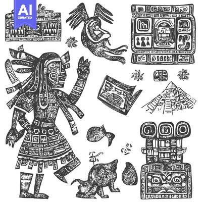 Aset desain premium: A Collection of Hand-Drawn Mayan-Style Illustrations