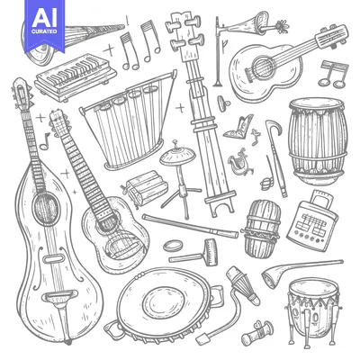 Aset premium populer: A Collection of Hand-Drawn Musical Instruments and Accessories
