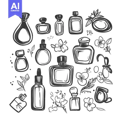 Aset desain premium: A Collection of Hand-Drawn Perfume Bottles and Floral Elements