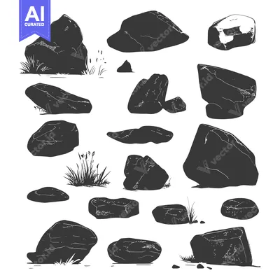 Aset desain premium: A Collection of Hand-Drawn Rock Silhouettes with Grass