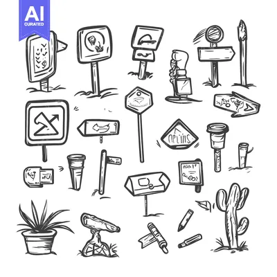 A collection of hand-drawn signs, plants, and miscellaneous objects