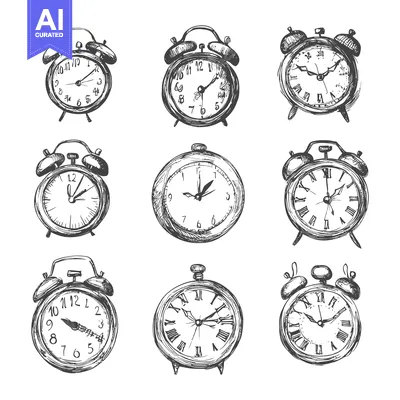 Aset desain premium: A Collection of Hand-Drawn Sketchy Alarm Clocks