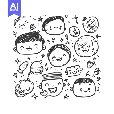 Aset premium populer: A Collection of Hand-Drawn Smiling Faces with Stars and Hearts