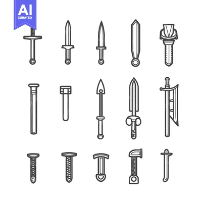 Aset premium populer: A Collection of Hand-Drawn Sword and Knife Illustrations