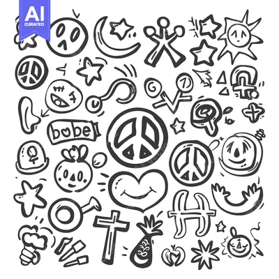 Premium design asset: A Collection of Hand-Drawn Symbols and Emojis in Black and White