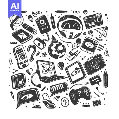 A Collection of Hand-Drawn Technology and Gadget Icons