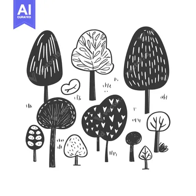 Premium design asset: A collection of hand-drawn trees in black and white