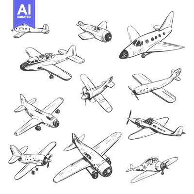 Aset desain premium: A Collection of Hand-Drawn Vintage Airplane Illustrations
