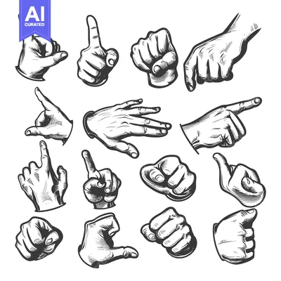 Aset desain premium: A Collection of Hand Gestures in Vintage Illustration Style