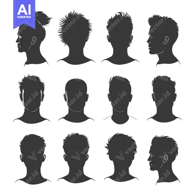Aset premium populer: A Collection of Human Head Silhouettes in Different Hairstyles and Ang