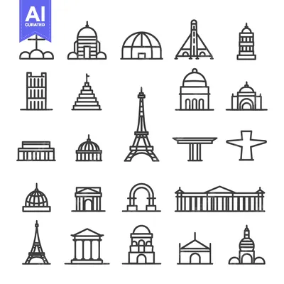 A Collection of Iconic Architectural Structures in Line Art Style
