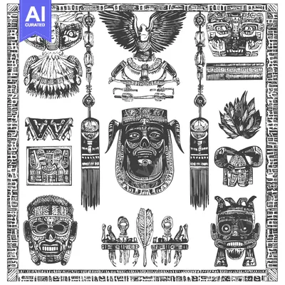 Aset desain premium: A Collection of Intricately Designed Ancient Mayan Masks and Symbols