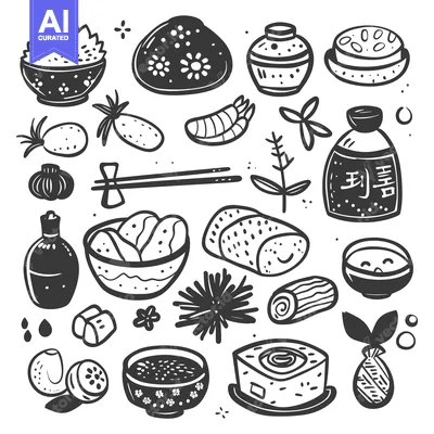 Popular premium asset: A Collection of Japanese Food and Ingredients in Black and White Illus